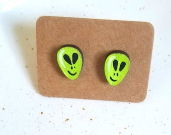 Green Alien Earring, Alien Earrings Studs, Glow in the dark Earrings, Alien Jewelry, Alien Face, Groovy Earrings, Fun Earrings Studs