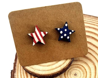 Red White and Blue Star Stud Earrings, USA Earrings, Fourth of July Earrings, American Flag Jewelry, Stars and Stripes Earrings, Wood Studs