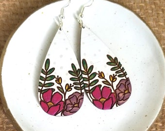 Wood Floral Earring, Hand Painted Earrings, Flower Statement Earrings, Spring Earrings Dangle, Hand Painted Jewelry, Sterling Silver Earring