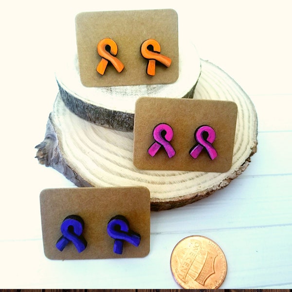 Awareness Ribbon Earrings, Awareness Jewelry, Pink Ribbon Earrings, Multiple Sclerosis Awareness, Cancer Ribbon Earrings, Wood Stud Earrings