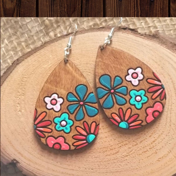 Painted Wood Earrings Etsy
