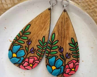 Wood Floral Earring, Hand Painted Earrings, Flower Statement Earrings, Spring Earrings Dangle, Hand Painted Jewelry, Sterling Silver Earring