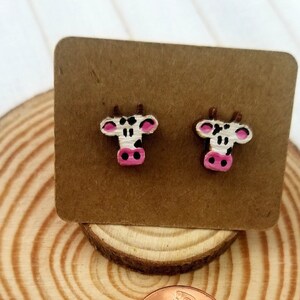 Cow Stud Earrings, Farm Animal Earrings, Hand Painted Wood Jewelry, Cow Gift for Women, Cow Gifts for Kids, Cottage Core Earrings, Cow Art