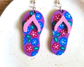 Flip Flop Earrings, Flip Flop Dangle Earrings, Fun Summer Earrings, Purple Earrings, Flip Flop Jewelry, Summer Statement Earrings, Floral
