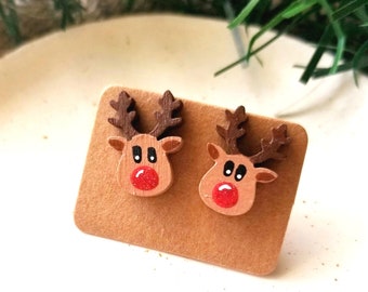 Rudolph Earrings, Christmas Earrings Wood, Christmas Earrings for Girls, Stocking Stuffer for Kid, Holiday earrings, Reindeer Jewelry