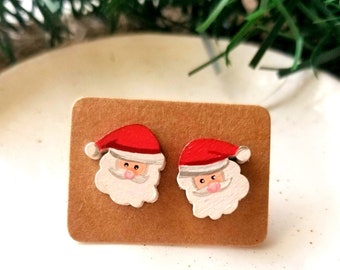 Santa Stud Earrings, Christmas Earrings Wood, Christmas Earrings for Girls, Stocking Stuffer for Kid, Holiday earrings, Santa Claus, Painted