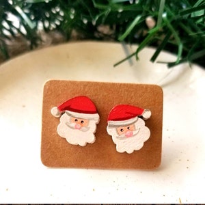 Santa Stud Earrings, Christmas Earrings Wood, Christmas Earrings for Girls, Stocking Stuffer for Kid, Holiday earrings, Santa Claus, Painted