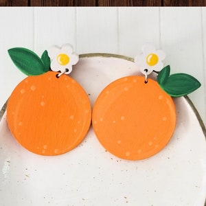 Orange Earrings Her Wood Dangle Cute Gift For Women, Orange Fruit Earrings, Hand Painted Earrings, Fruit Earrings, Dangle Earrings, Florida