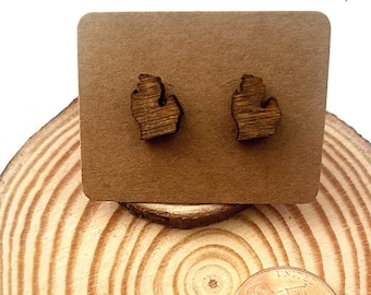 Michigan Earrings, Michigan Gift for Women, Michigan Gift for Kids, Wood Stud Earrings, Mitten Earrings, Michigan Wood Art, Wood Jewelry