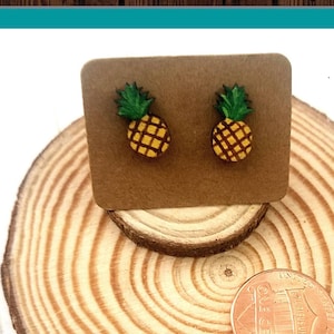 Pineapple Stud Earrings, Fruit Jewelry, Hand Painted Wood Earrings, Novelty Earrings, Summer Jewelry for kids, Pineapple Gifts for Women
