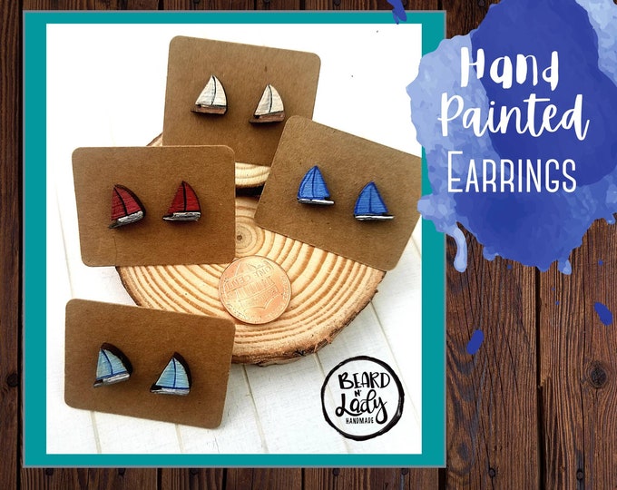 Sailboat Earrings, Summer Earrings, Tiny Stud Earrings, Nautical Earrings, Hand Painted Wood Jewelry, Nautical Gift for Women, Sailing Gift