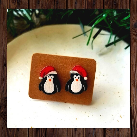 Penguin Earrings Christmas Earrings Wood Christmas Earrings for