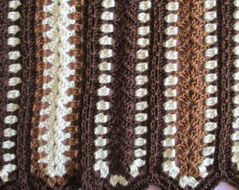 Brown Crochet Blanket Afghan 50" x 65" Handmade Acrylic Blanket, Full Size Chocolate and Off-white, Soft Thick, Great for Boy Teen Man Gift