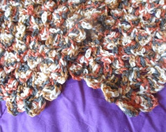 Hand Crochet Afghan 45" x 62" Wool Acrylic Crochet Variegated Yarn, Lightweight 3 Ply, Cat's Meow Calico White, Sand, Rust, Olive Taupe