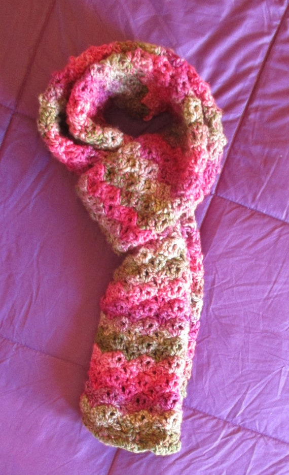 Crochet Scarf, Handmade Warm Scarf, Thick Scarf, Soft Crochet Scarf, 10" x 80" Olive Sand and Pinks Scarf, Ladies Scarf, Candy Cane Scarf
