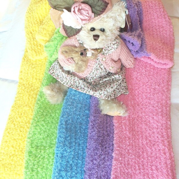 Knitted Youth Blanket Afghan 35" x 46" Knitted Rainbow Blanket, Lap Afghan, Extra Soft Crib Blanket, Yellow Green Blue Lavender Pink stripe