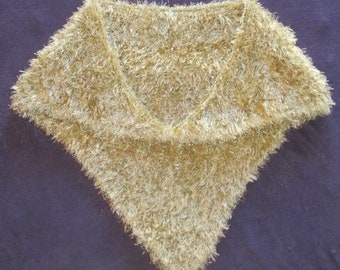 Shawl Cape 23" x 44" Lacy Party Stole, Hand Knit Cape Shawl, Fun Fur Cape, Long Eyelash Yarn Shawl, Champagne Gold Cape, Special Evening