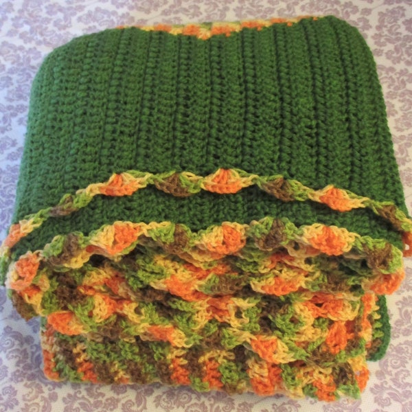 Autumn Crochet Blanket 44" x 60" Hand Crochet Afghan, Lightweight Afghan, Original Design, Yellow Orange Olive Taupe Variegated, Dark Olive
