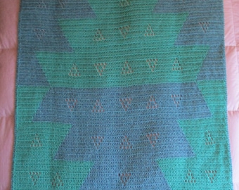Crochet Blanket Afghan 41" x 57" Handmade Acrylic Blanket Soft Thick Luxury Throw, Afghan Great Gift, Mirror Design Green and Blue Blanket