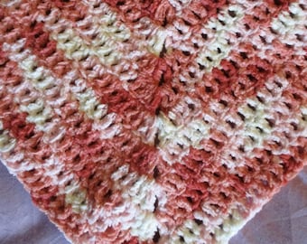 Baby Blanket Hand Crocheted Polyester Afghan 27" x 27" Pink White Peach Blanket, Bernat Baby Blanket Soft  Baby Afghan, Wildflower Baby Girl