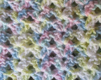 Baby Afghan 24" x 32" Crib Blanket, Lacy Design Baby Blanket, Rainbow Pastel Pink Green Yellow Blue and White, Gender Neutral Baby Afghan