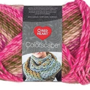 May include: A skein of Red Heart Colorscape yarn in a pink, brown, and green colorway. The yarn is 100% acrylic and is machine washable.