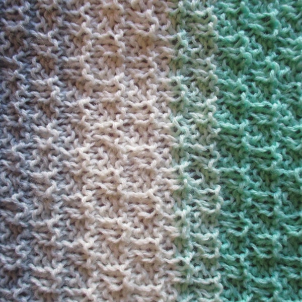 Hand Knit Striped Baby Blanket 24" x 32" Green Blue Grey Stripe Afghan, Light 3 Ply Blanket, Mandala Afghan, Lightweight Textured Blanket