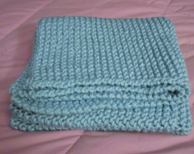 Hand Knit Baby Afghan Blanket 25 X 38 Knit Blanket, Seafoam Blue/green