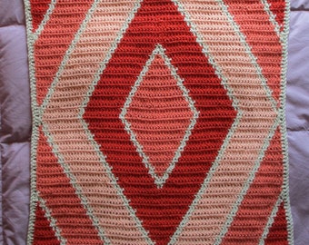 Coral Baby Blanket, 28" x 32" Original Design Afghan, Peach, Salmon, Cream, Honeysuckle (coral), Radiant Diamond, Expanding Diamond Pattern