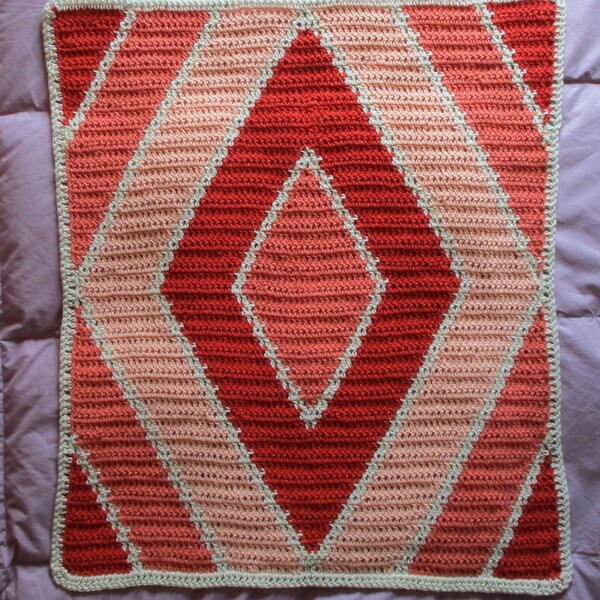 Coral Baby Blanket, 28" x 32" Original Design Afghan, Peach, Salmon, Cream, Honeysuckle (coral), Radiant Diamond, Expanding Diamond Pattern