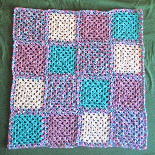 Turquoise Baby Afghan Crochet Blanket 31" x 31" Granny Squares Baby Bedding, Pet Blanket, Chair Throw, Crochet Baby Blanket, Lavender White