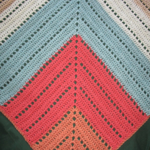 Crochet Afghan 34" x 34" Bernat Pop Yarn, Hand Crochet Baby Child Youth Blanket, Peach, Coral, Light Blue, Cream, Light Beige, Color Choices