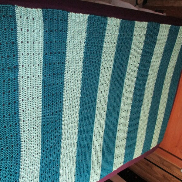 Blue Stripe Afghan 46 » x 70 » Caron Simply Soft Yarn, Blue Crochet Blanket, London Blue Topaz - Aquamarine, Very Light and Dark Teal Blue