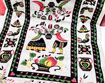 Feeling a bit Parisian - Linen Tea, Hand, Kitchen DishTowel - by Parisian Prints w/ Colorful Folk Art Design - Vintage Towel