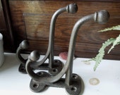 2 Cast Iron Shelf Double Prong Hooks - Vintage Architectural Salvage - Coat, Scarf, Jacket, Display Prop or Decor Hanger