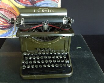 L. C. Smith Corona Walnut Green Manual Typewriter - Vintage Model 8 - 11 Metal Machine - Office Military Home Prop Display Decor