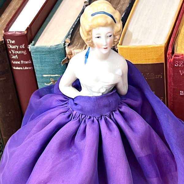 She wondered where that shrimp roll got to - German Made Porcelain Half Doll w/ Purple Full Skirt Vintage