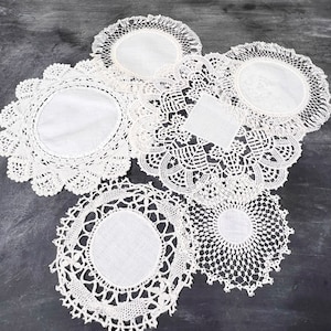 Lot of Six Dainty White Cloth Doilies - Grandma Chic,  Cottage Chic,  Crochet and Lace Edge - Vintage - Romantic Decor