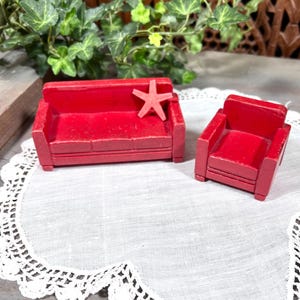 Collection of Dollhouse Furniture Red Wood sofa & Chair - Mid Century Furnishings - Vintage Pretend Play