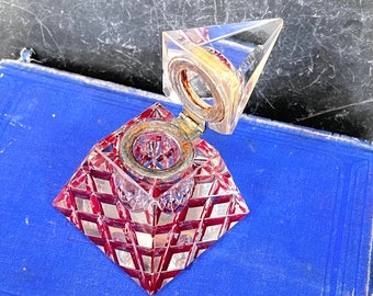 Magic of the Crystal Pyramid Inkwell Vintage - Crisscross Base w/ Red Accents - Antique Office Prop, Display