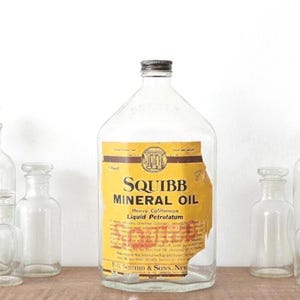 Bottle Squibb Mineral Oil Glass w/ Label - Vintage 8" High