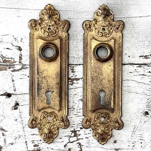 2 Metal Door Backplates Antique - Aged Gold Worn Finish