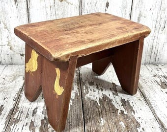 Wood Rustic Stool, Painted Child Art,  Vintage