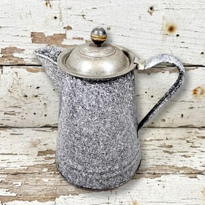 Coffee Enamel Graniteware Coffee Pot Metal Hinged Lid w/ Wood Knob