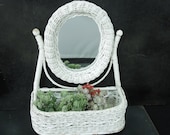 Shabby White Wicker Mirror and Shelf Planter - Hall Bedroom, Bathroom, Dorm Display - Vintage Wall Decor or Table