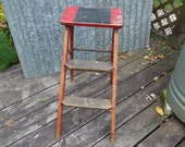 Wood Step Stool, Stand, Display - Farmhouse Decor - Folding Ladder - Red Black Primitive Barn Find - Vintage Furniture Furnishings