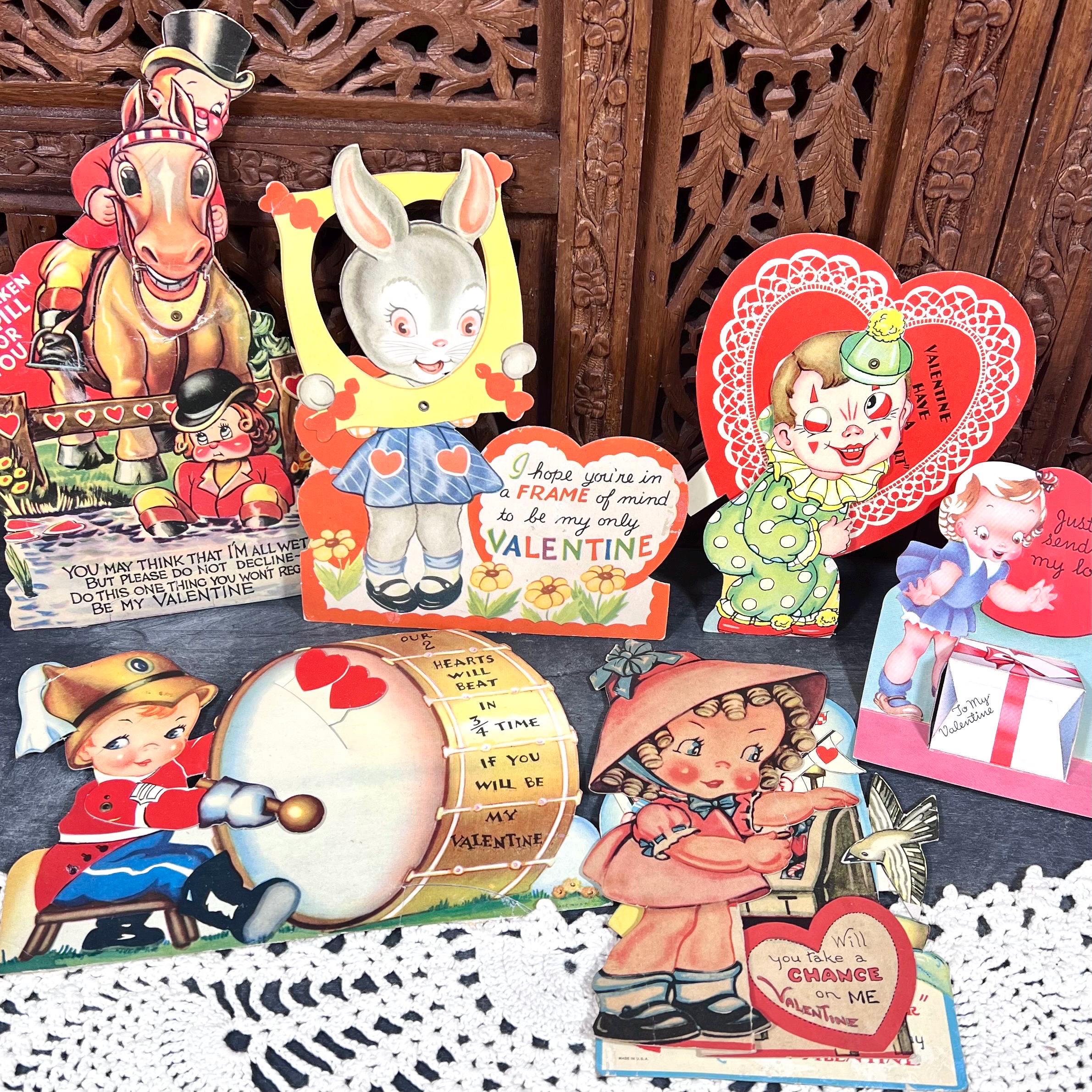 Clever Cut Vintage Mechanical Valentines Mid Century Collection of 6 - Props, Display, Decor, Paper Ephemera - Movable Parts