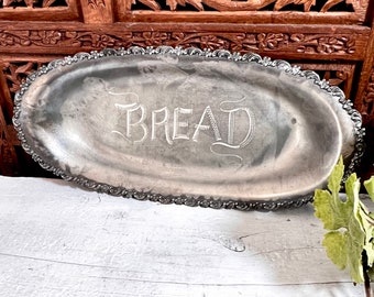 Make your bread feel special - Oval Bread Plate Worn Aged - Amsterdam Silver Co. Quadruple Plate Vintage - Etched Wording Scalloped Edge