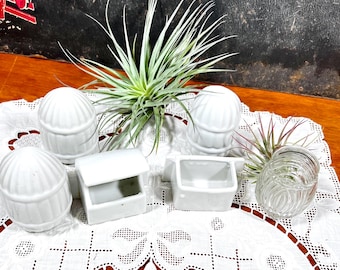 Glass and Ceramic Bird Feeders, Seed Dish, Water Cups - 3 Oval White Milk Glass, 1 Clear Glass & 2 Ceramic Trough Sq. Styles