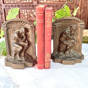 Cast Iron Bookends &quot;The Thinker&quot; w/ Bronze Metal Finish - Classic Sculpture Auguste Rodin Figurines - Door Stop